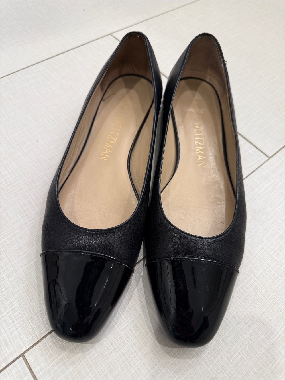 Stuart Weitzman Black Leather Ballet Flats with Patent Cap Toe